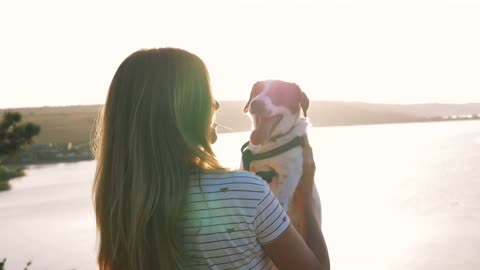 Young attractive woman playing with a dog Jack Russell in the meadow at sunset with sea background