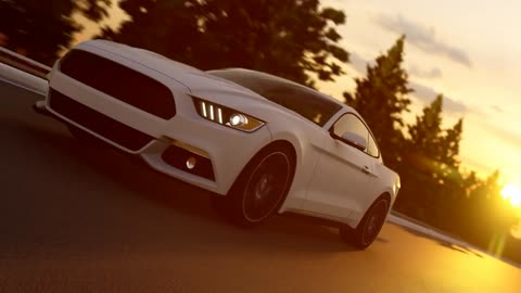 Luxury white sports car in the highway at sunset