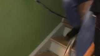 White skis down stairs fall