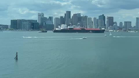 Boston harbor view from hotel with a cool ship passing by