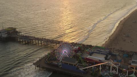 Santa Monica Pier from above during a sunset