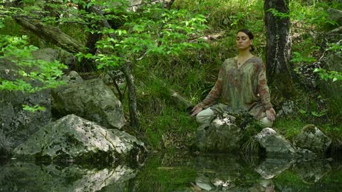 Meditational video with natural sounds in forest near lake