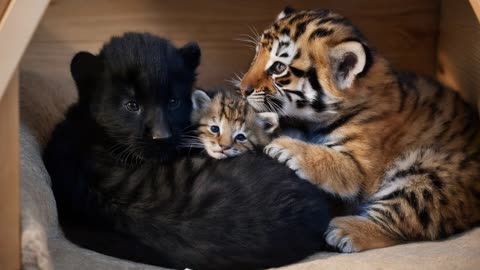 cute tiger cub and a kitten and baby black panther