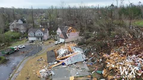 Newnan, Ga tornado damage of area rated EF4 by NWS survey team, drone video 4k