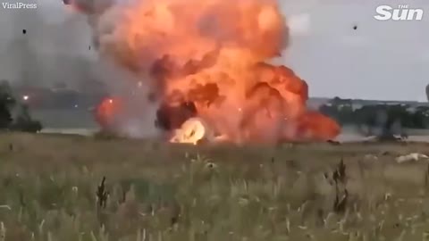 Russian tank bursts into flames after being hit by Ukrainian firepower