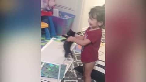Cat plays with kids