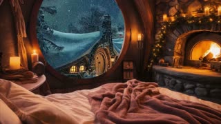 1 Hour Sleep Video Winter Snow Hobbit Home with Fireplace Fire and Wind Sounds and Short Custom ASMR