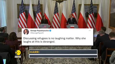 US Vice President Harris laughing when asked about Ukraine's refugees in the Press Conference