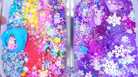 Rainbow Cat vs Purple Cat Slime Mixing Random Cute, shiny things into slime #ASMR #slimevideos #슬라임