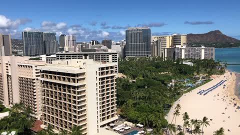 Waikiki skyline and beach, panoramic view, late afternoon