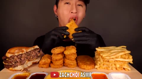 ASMR MUKBANG CHEESY HASH BROWNS & CHICKEN NUGGETS & TRIPLE CHEESEBURGER