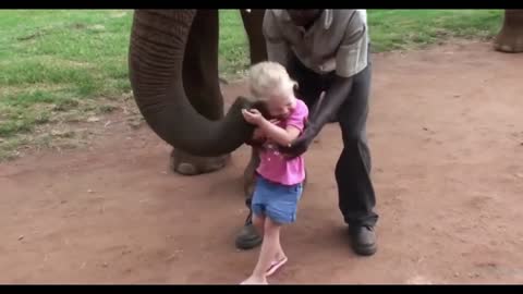 Elephant kisses a small cute girl!