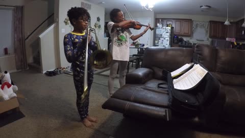 Blasian Babies Brother And Sister Practice Playing Music On The Trombone And Violin (GoPro Hero5)