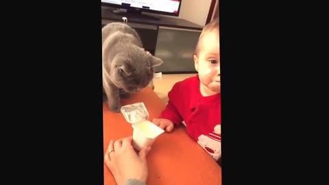 Bebe y Gata comiendo un yogurt