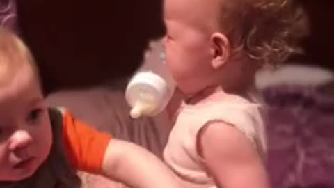 Toddler hilariously attempts to bottle feed his baby brother