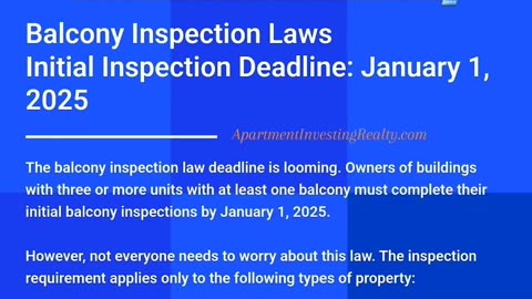 ⚠️ Apartment Owners: Balcony Inspection Law Deadline Looming ⚠️