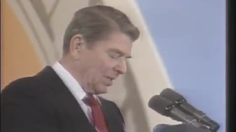 During this speech in Berlin, a balloon popped loudly. Reagan's reaction is remarkable.