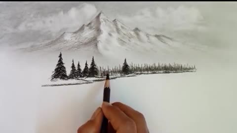 Pencil drawing landscape scenery/ Snow mountain landscape drawing with pencil