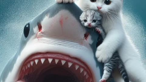 White cat fight with the shark to save her kitten #cat #funny #anime