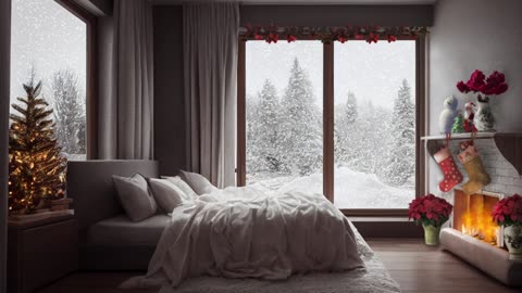 Cozy Christmas Ambience | Watch snow fall from comfy Bed, Crackling Fireplace, winter sounds