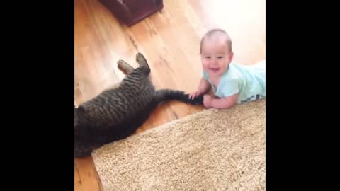 The happy time when the baby and the cat play together