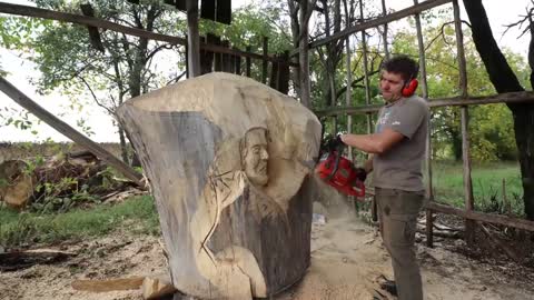 AMAZING CHAINSAW wood carving, Native American with wolves