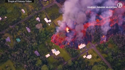 Aerial footage shows volcanic lava destroying homes in Hawaii