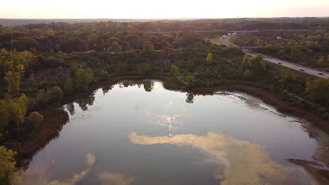 Drone Video of City Park Pond at Sunset