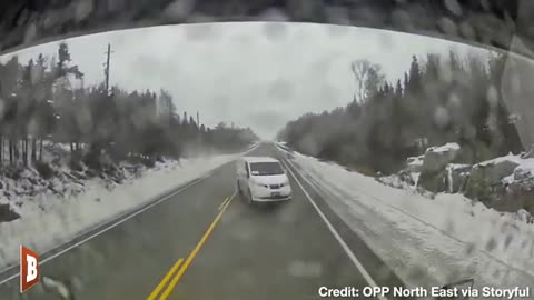 Driver Nearly Collides with Big Truck on Snowy Highway