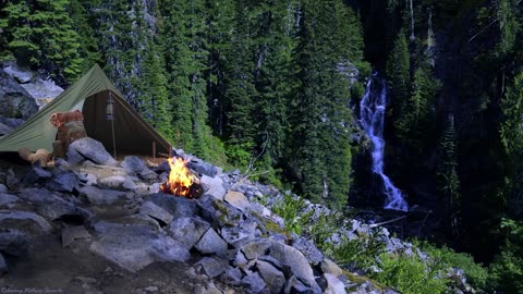 The crackling fire and waterfall white noise sounds for sleeping and relaxing for 10 hours