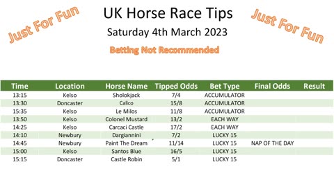 Saturday 4th March 2023 9 Free Horse Race Tips