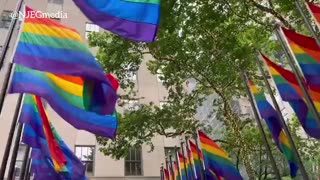 2023 Pride flags replace U.N. flags in Rockefeller Center