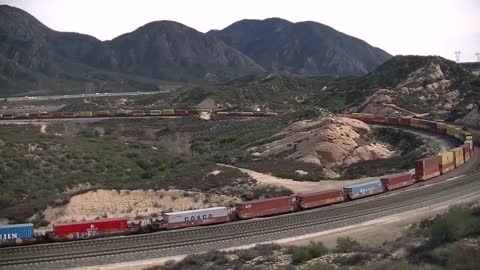 Over 2 mile long BNSF Stacktrain climbing Cajon Pass, 3x2x2- Full Length Video