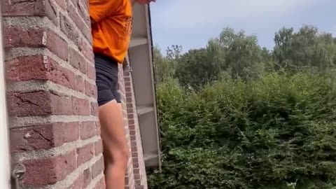 Girl Jump From Window to Trampoline Then Bounce Back to Same Spot