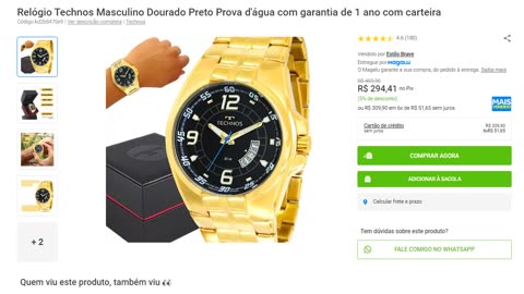 Relógio Technos Masculino Dourado Preto Prova d'água com garantia de 1 ano com carteira