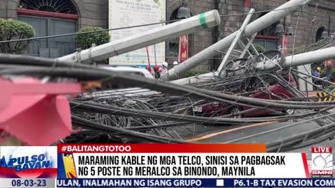 Kable ng mga telco, sinisi sa pagbagsak ng 5 poste ng Meralco sa Binondo, Maynila