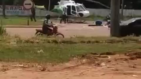 Helicopter crash with truck on the road.