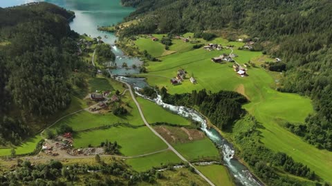 beautiful nature norway natural landscape aerial footage lovatnet lake lodal valley