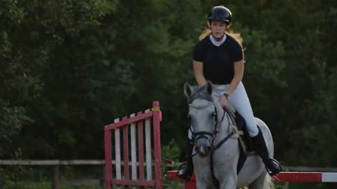 Young female rider on bay horse jumping over hurdle on equestrian sport competition