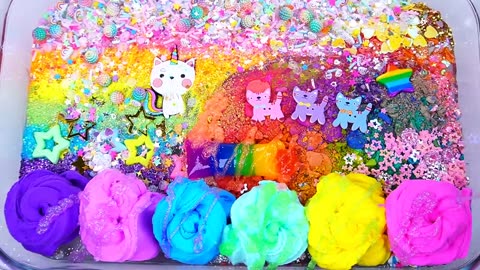 CAT Rainbow Slime Mixing Random Cute, shiny things into slime #ASMR #Satisfying #slimevideos #슬라임