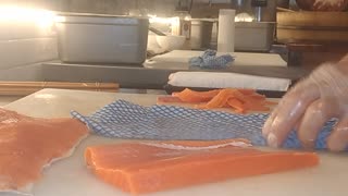 Preparing Salmon Fillet for Sushi and Sashimi