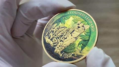Metallic Green coloration with Gold Gilding, 2023 Cambodia Wildlife Series: Clouded Leopard 1oz Coin