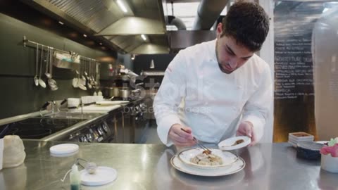 A chef is cooking in his restaurant's kitchen 4K stock video...