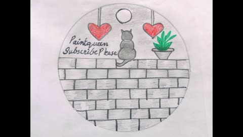 How to draw circle scenery drawing of sitting cat on the wall|cat drawing