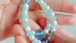 Milky Blue Aquamarine White South Sea Shell Pearl Round Necklace bracelet Earrings Set 01