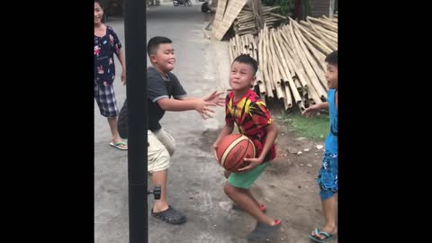 Blocked Shot! Burmese Kids Playing Basketball on the Street