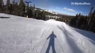Skier jumps off ramp and falls down, pov camera