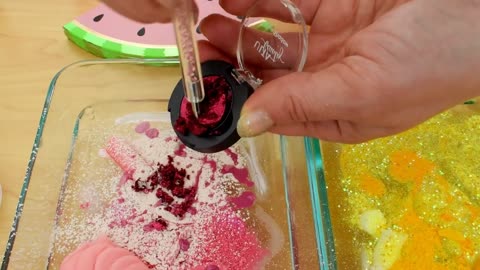 Watermelon vs Lemonade - Mixing Makeup Eyeshadow Into Slime ASMR 413 Satisfying