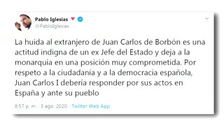 Pablo Iglesias califica de "indigna" la "huida" de España del rey Juan Carlos