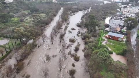 Drone footage of flooded Malibu Canyon